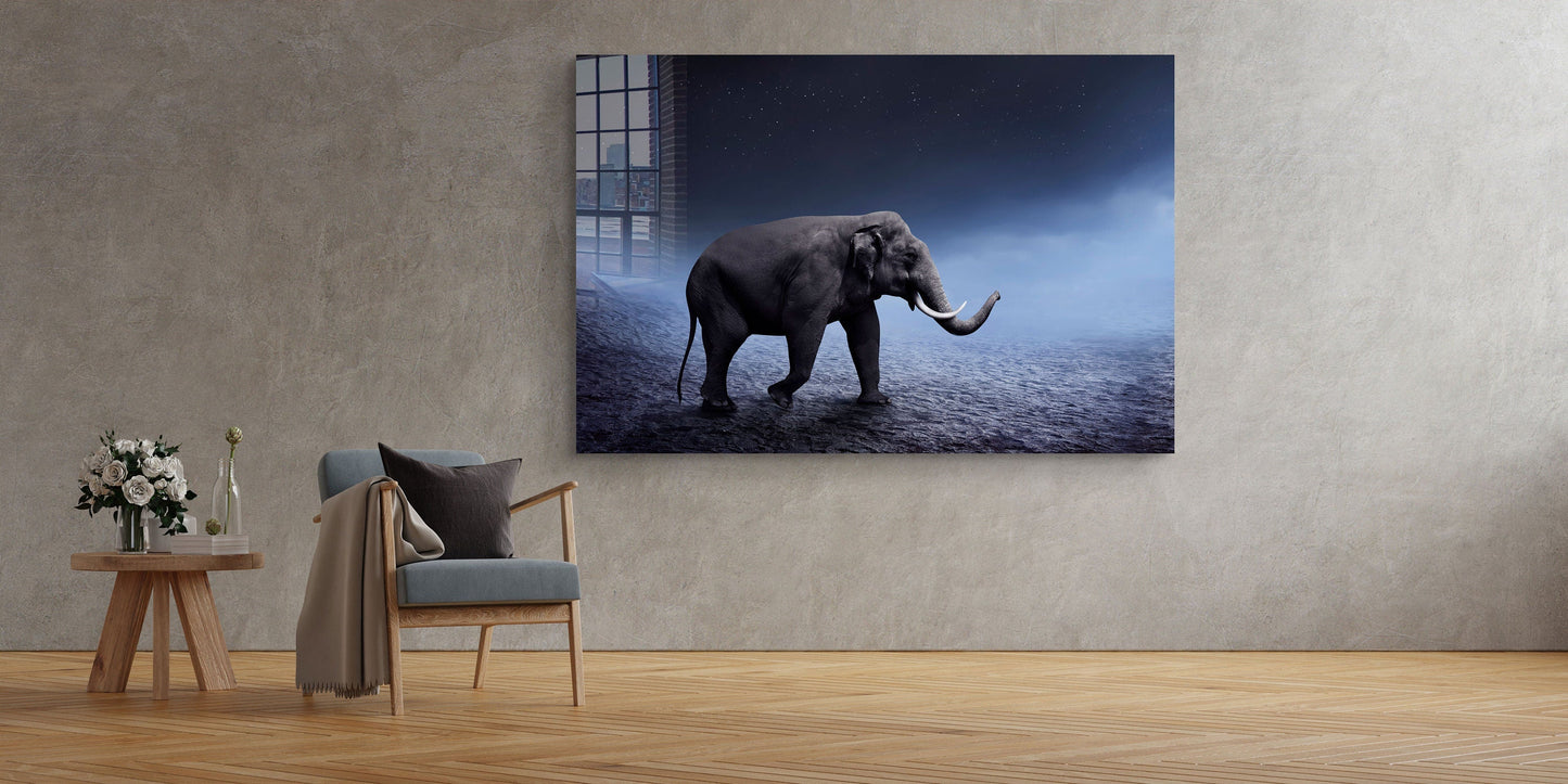 Elephant Night Walk, Large Glass Wall Art