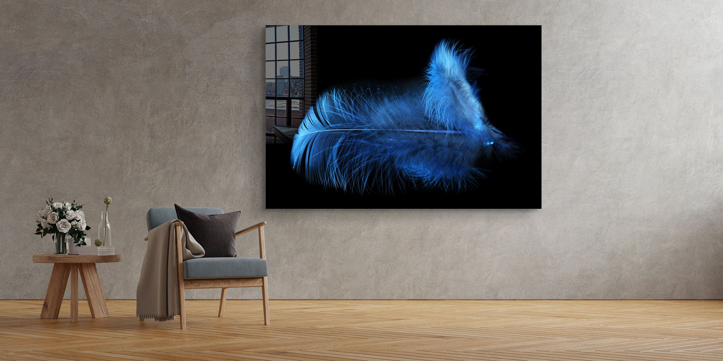Blue Feather, Large Glass Wall Art