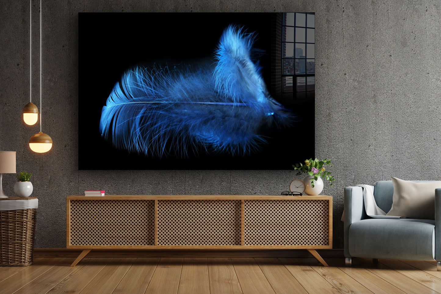 Blue Feather, Large Glass Wall Art