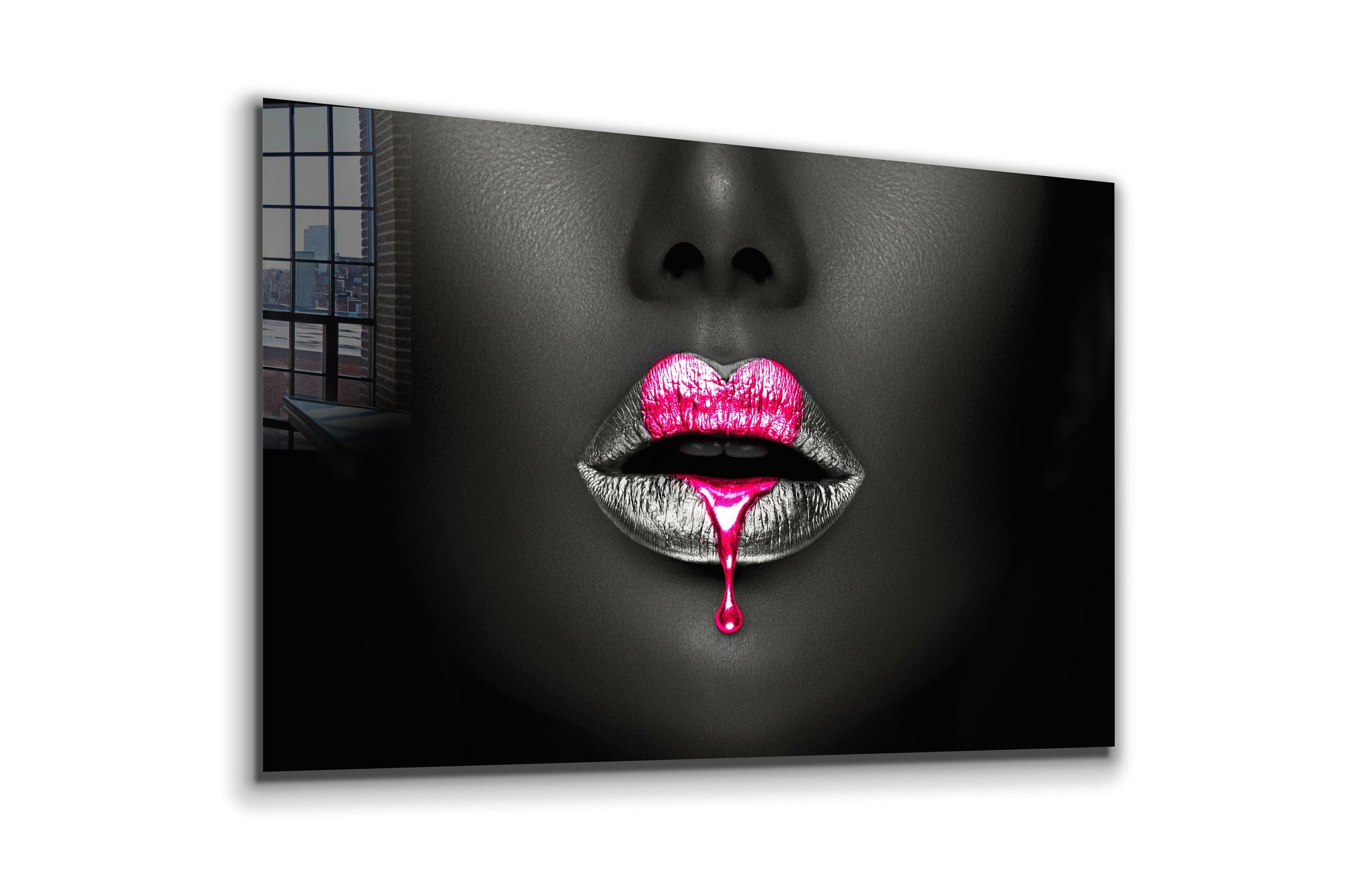 Pink Lips, Heart Figure, Large Glass Wall Art