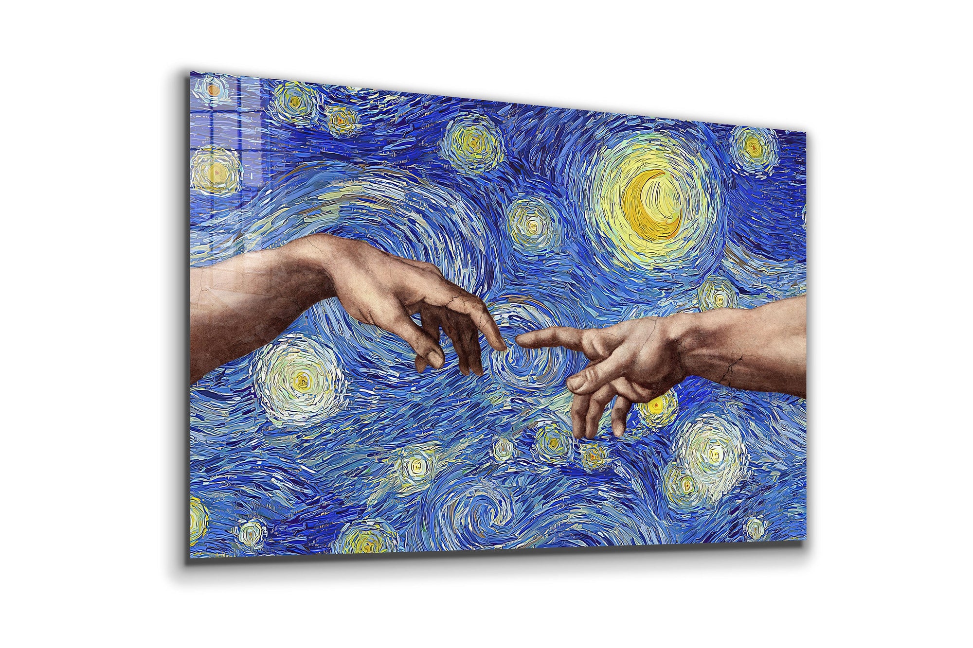 Creation of Adam / Starry Night Mixup, Digital Illustration, Large Glass Wall Art