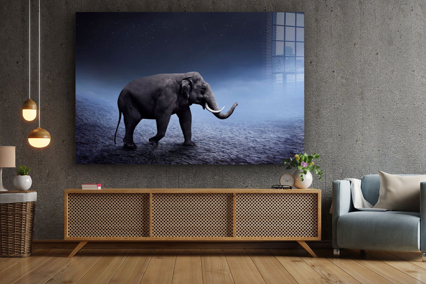 Elephant Night Walk, Large Glass Wall Art