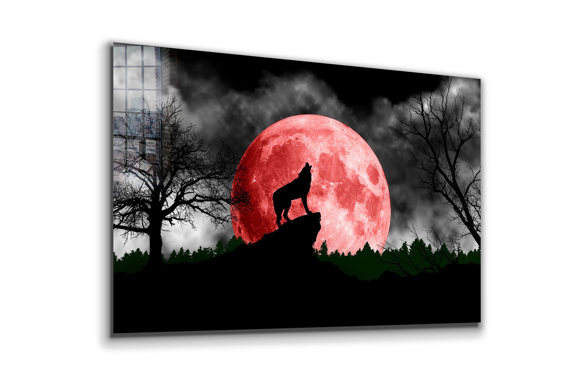 Wolf Howling, Red Moon, Large Glass Wall Art