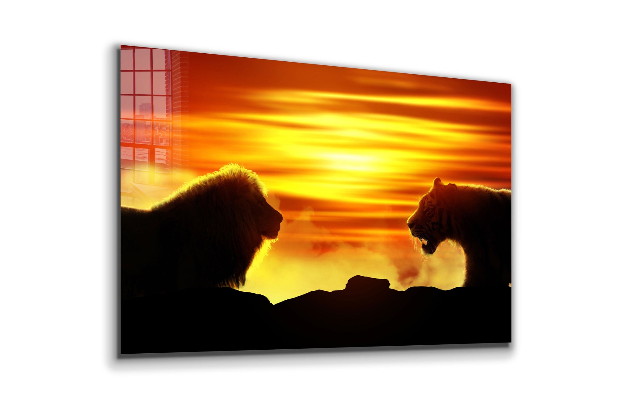 Lion & Lioness at the Sunset, Large Glass Wall Art