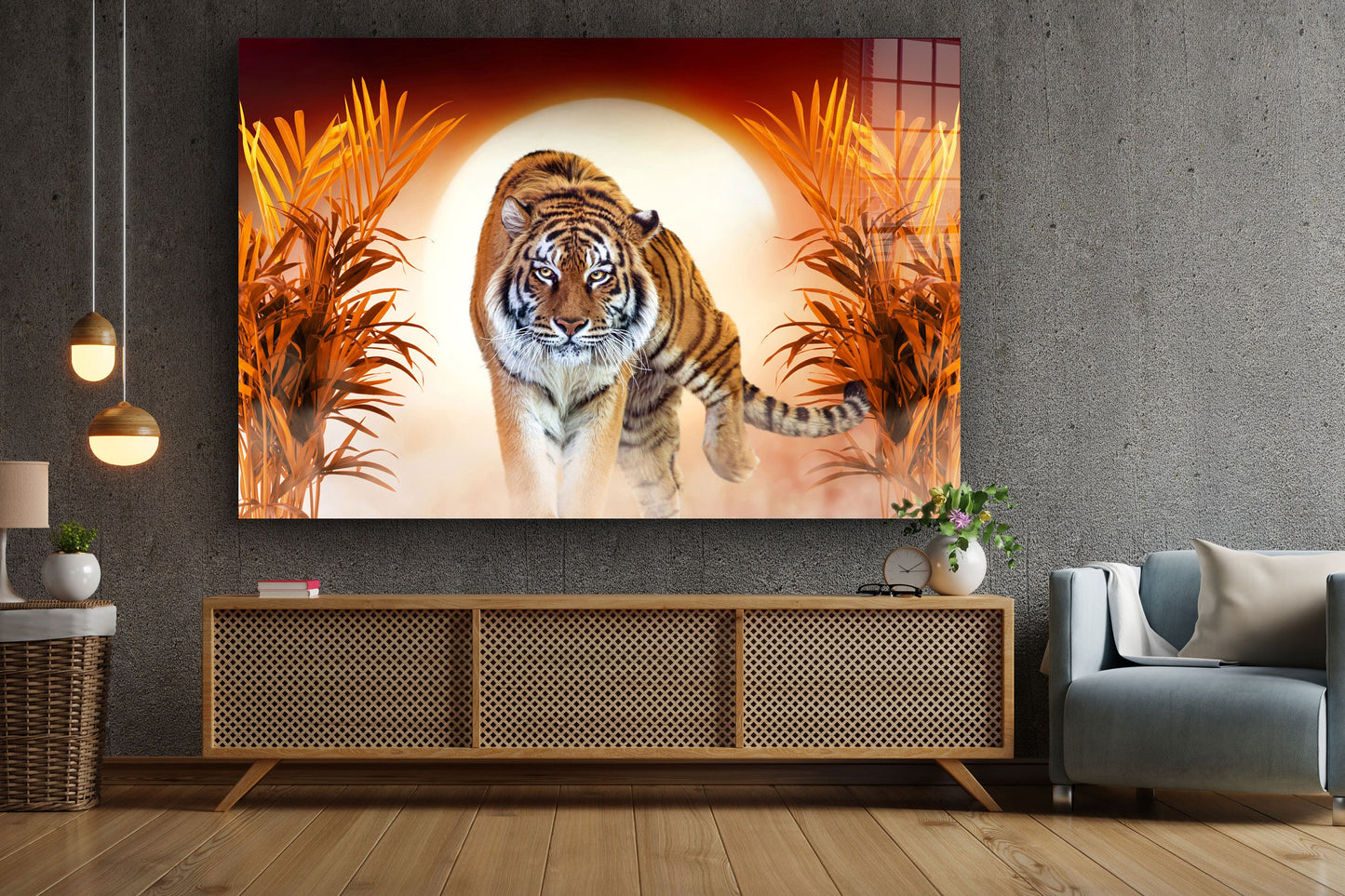 Tiger, Sunset, Large Glass Wall Art
