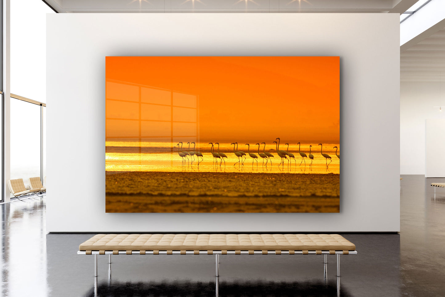 Flamingos in Sunset, Large Glass Wall Art