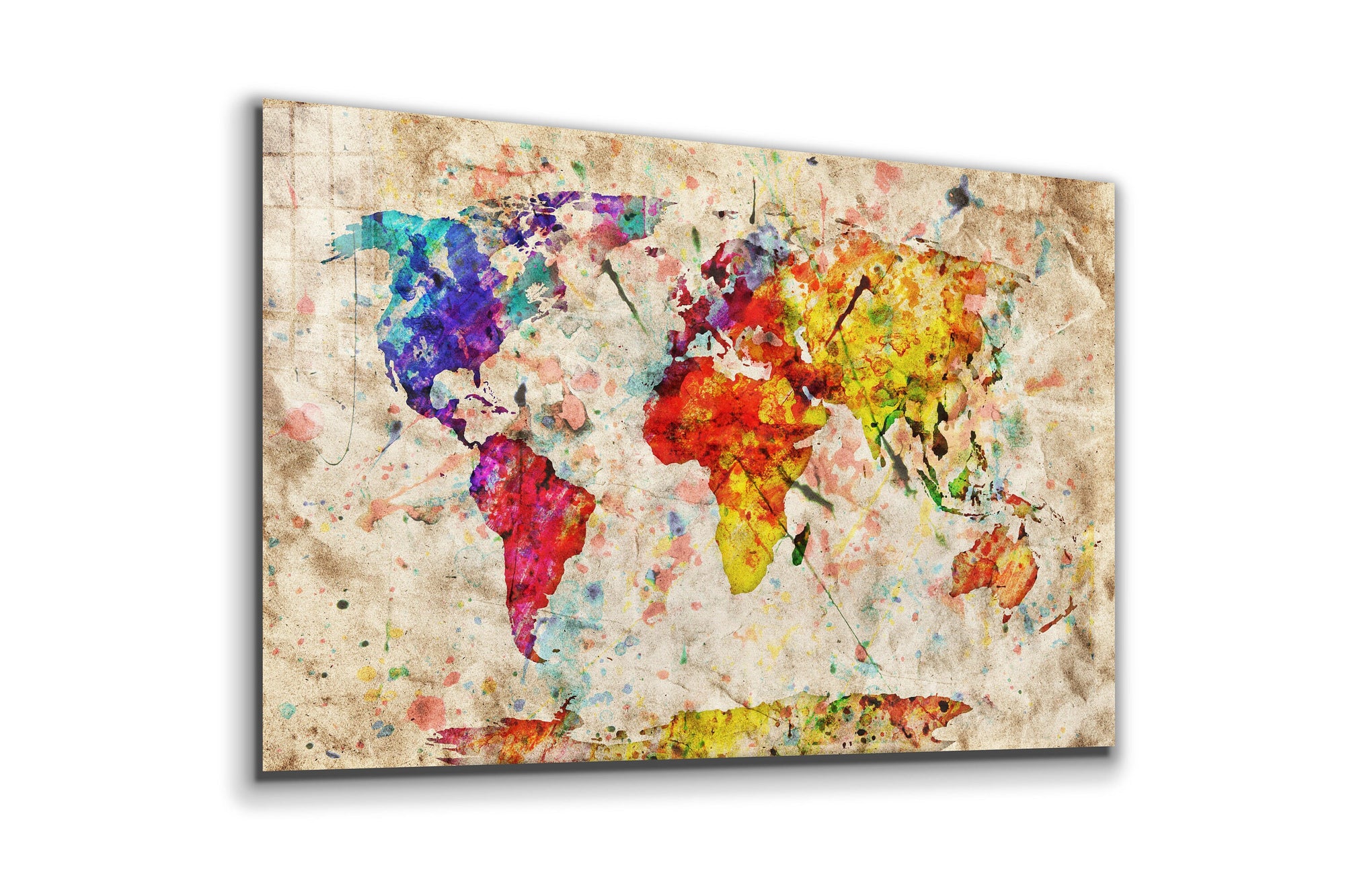 World Map With Watercolor Effect, Large Glass Wall Art