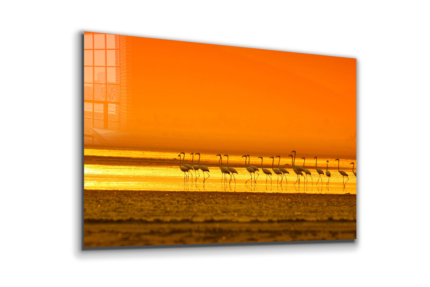 Flamingos in Sunset, Large Glass Wall Art