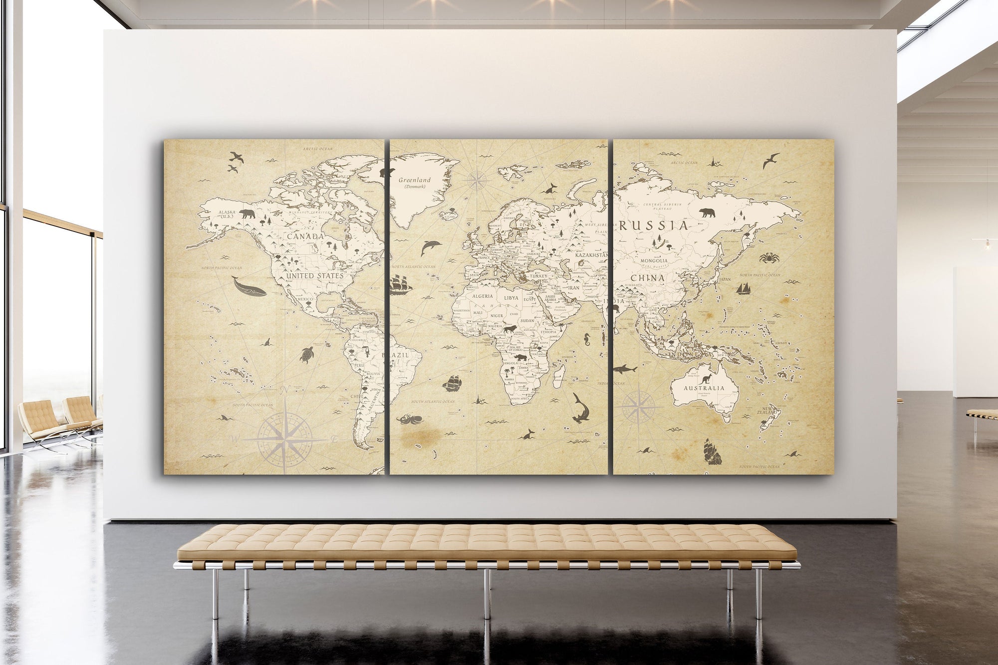 Old Map, Extra Large Glass Wall Art