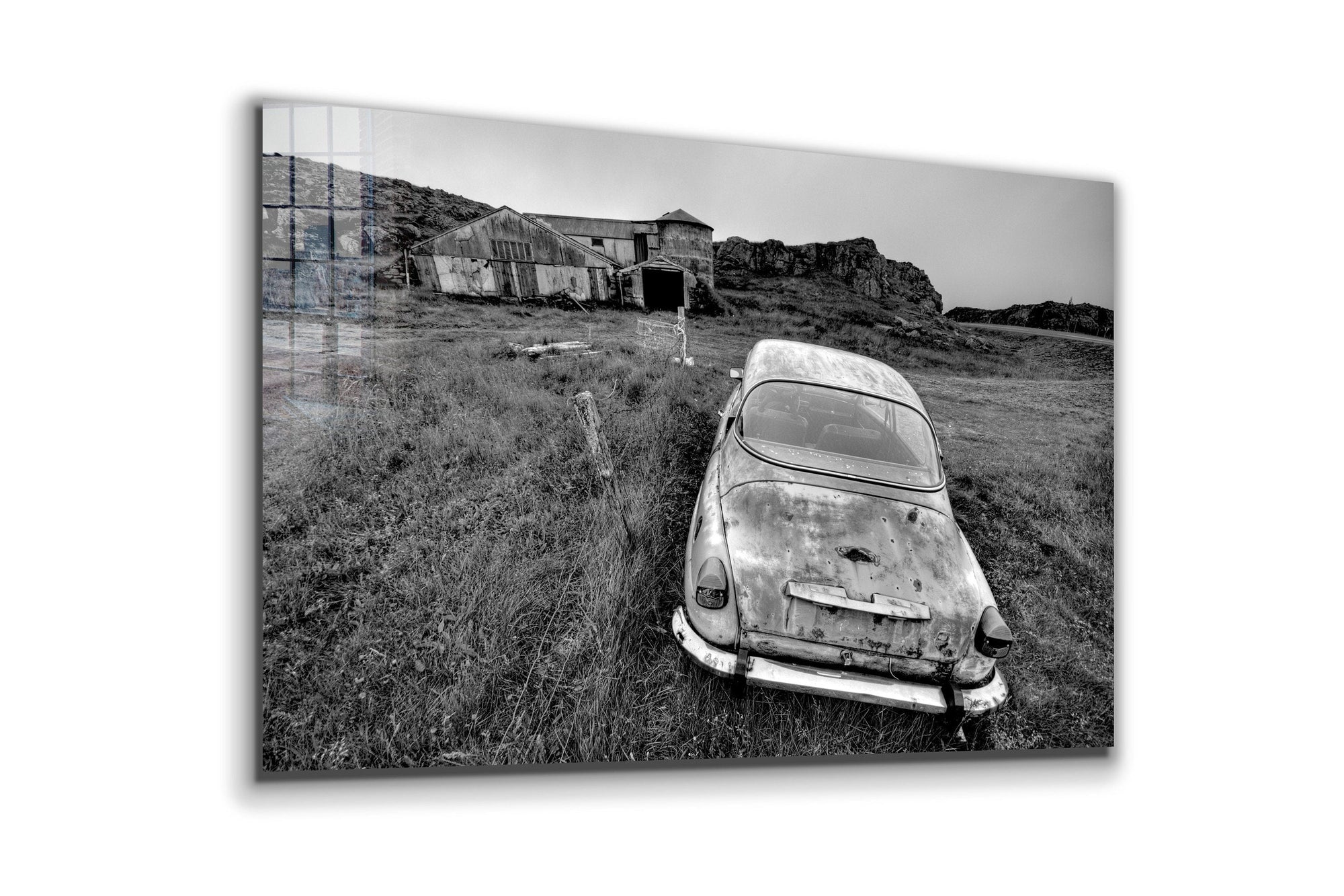 Abandoned Car Landscape Wall Art Large Glass Wall Art