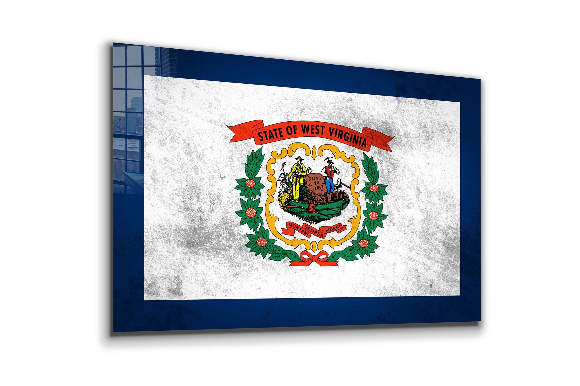 West Virginia Flag Grungy Large Glass Wall Art