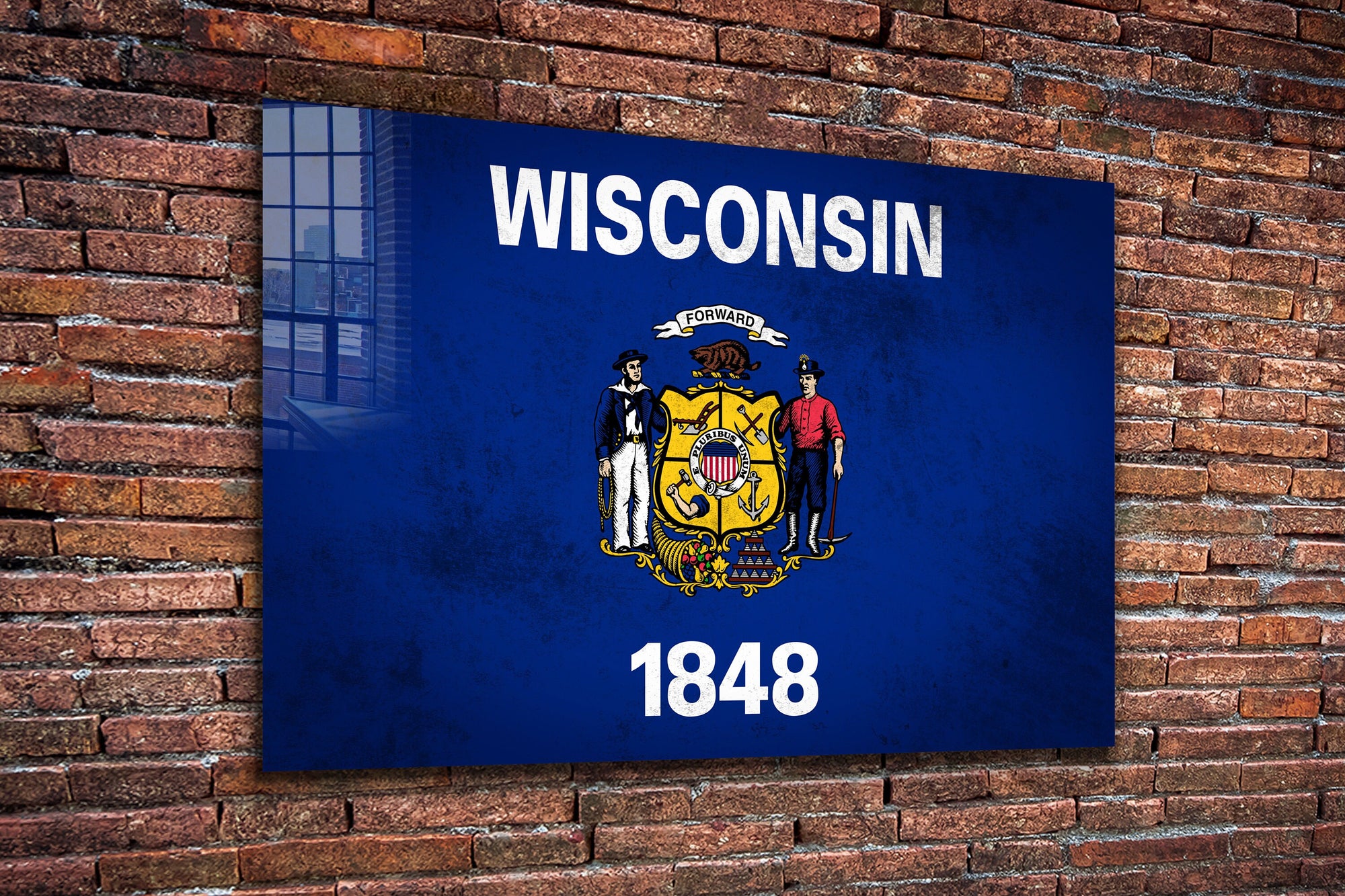 Wisconsin Grungy Flag Large Glass Wall Art