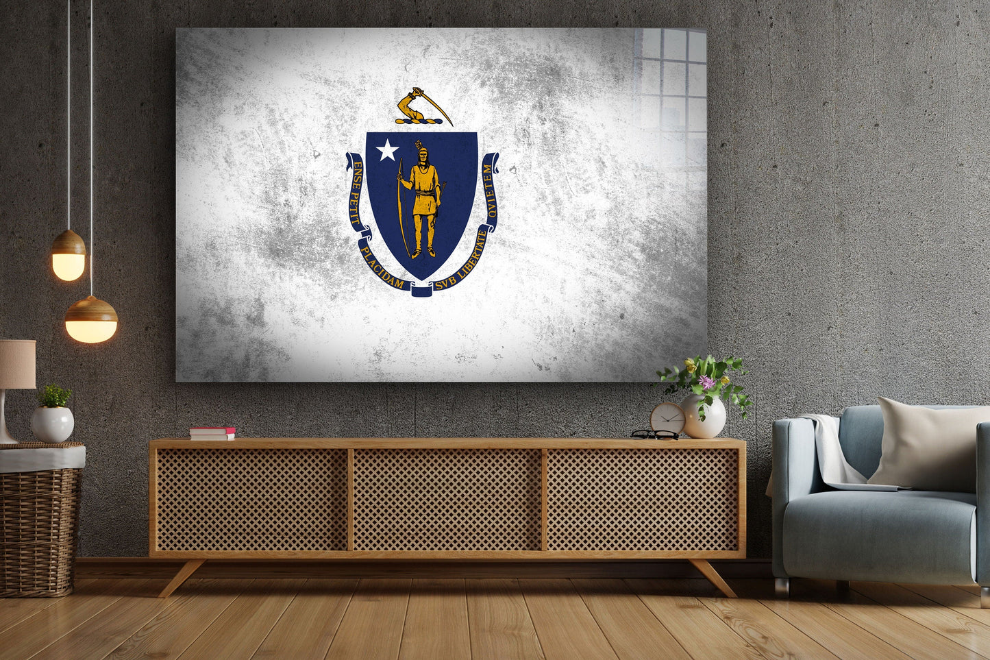 Massachusetts Grungy Flag, Large Glass Wall Art