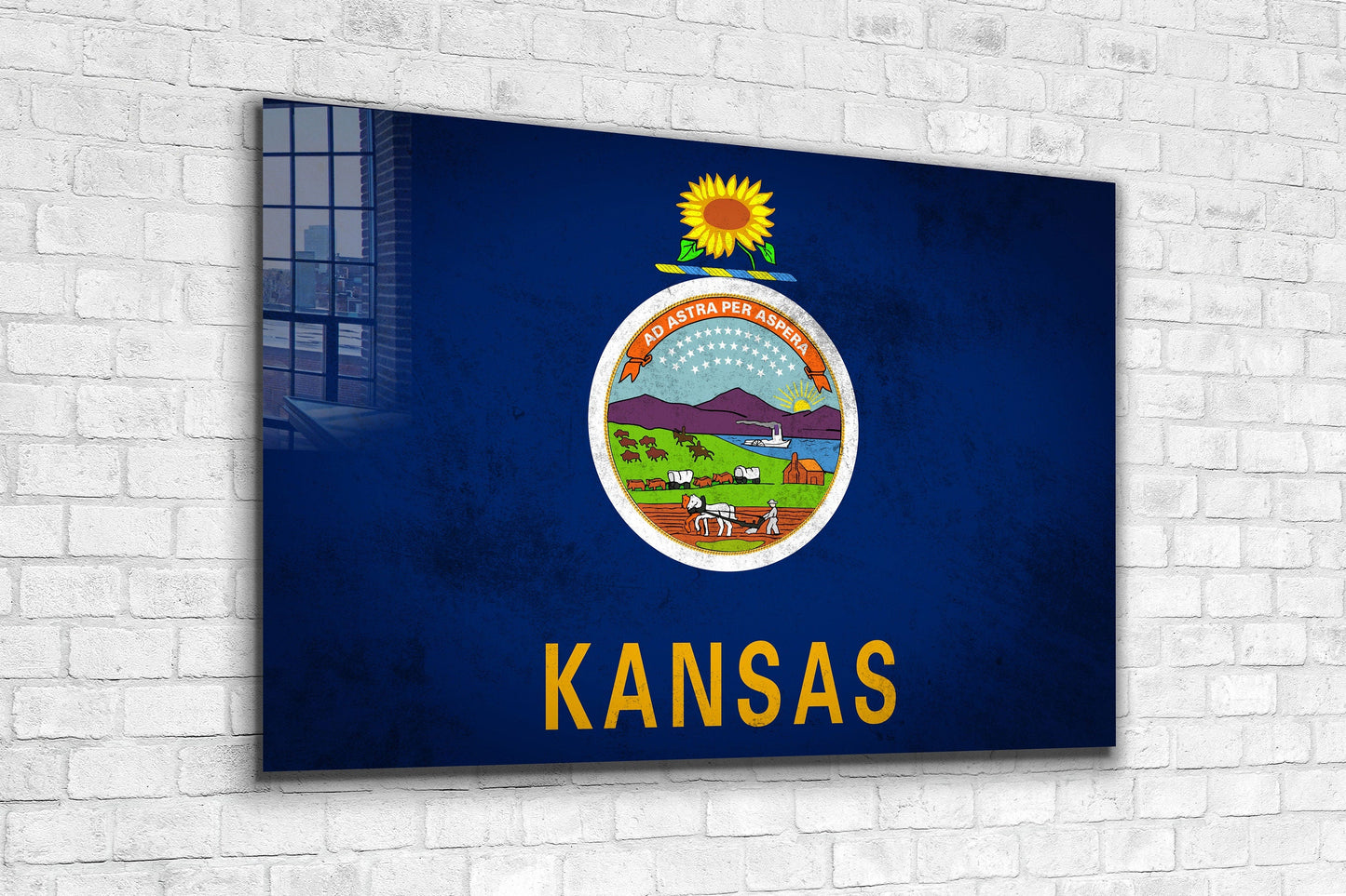 Kansas Grungy Flag, Large Glass Wall Art