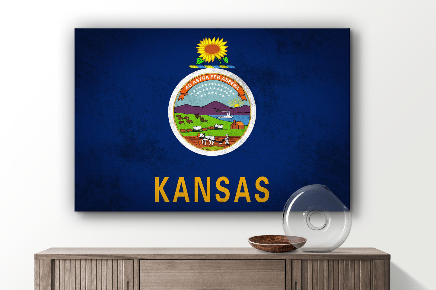 Kansas Grungy Flag, Large Glass Wall Art