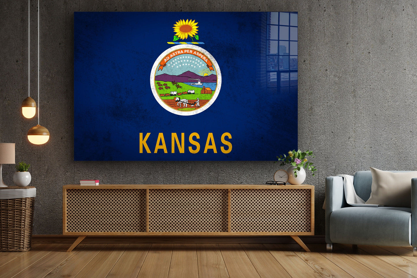 Kansas Grungy Flag, Large Glass Wall Art