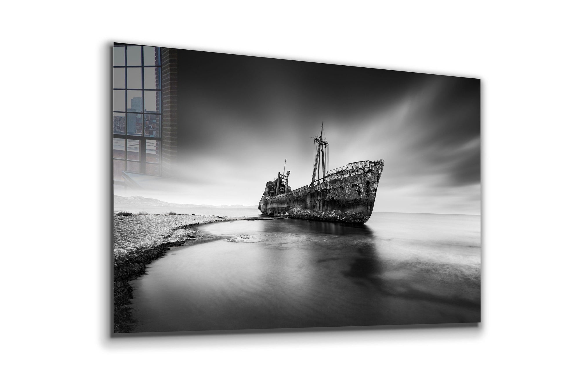 Black White Ship Large Glass Wall Art